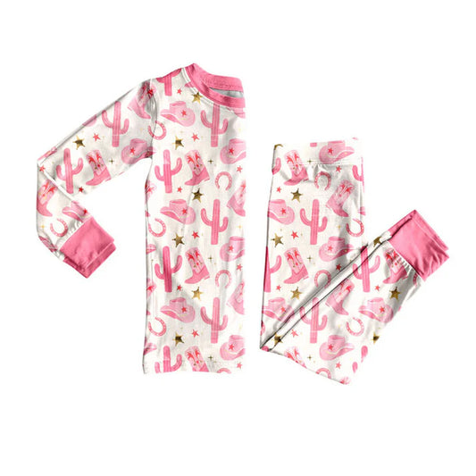 Preorder(moq 8)Baby Girls Pink Hats Boots Cactus Top Pants Western Pajamas Sets 9.26