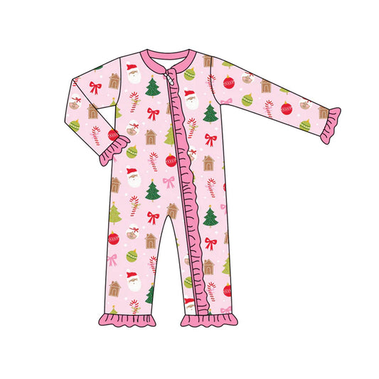 Preorder (moq 5)Baby Girls Long Sleeves Santa Houses Gingerbread Ruffle Zipper Romper 7.4