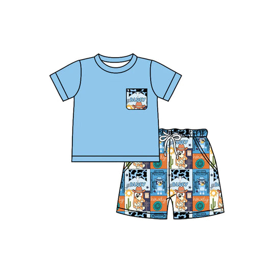 Preorder moq 5 Baby Boys Blue Short Sleeves Pocket Top Cartoon Dogs Cactus Short Set 4.17