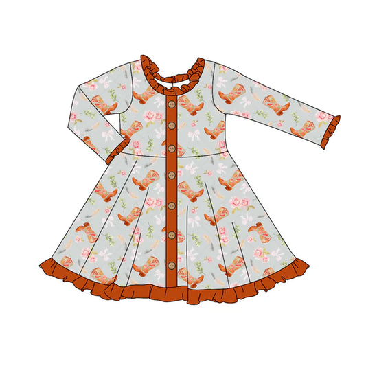 Preorder (moq 5)Baby Girls Long Sleeves Flowers Boots Button Ruffle Knee Length Dresses 5.29