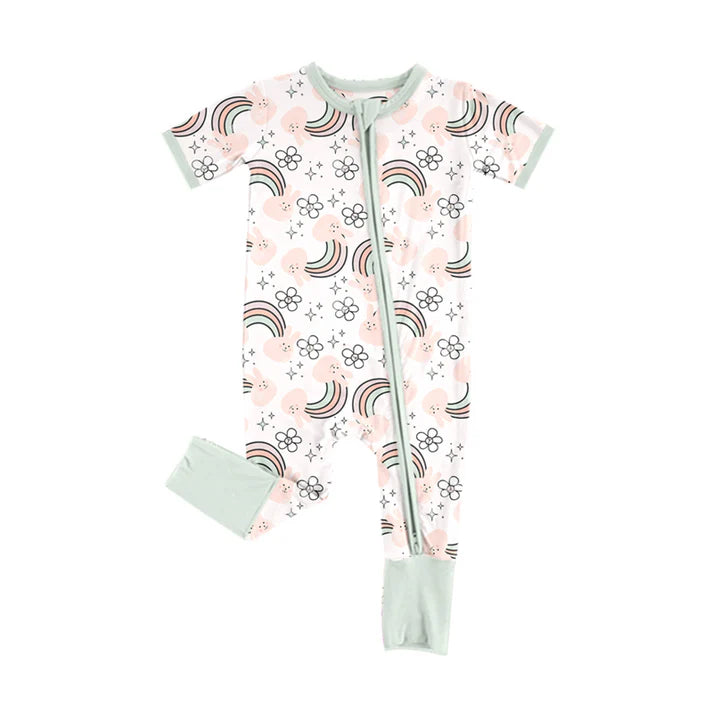 Preorder (moq 5)Baby Girls Rabbits Rainbows Flowers Easter Two Way Zip Convertible Rompers 12.6