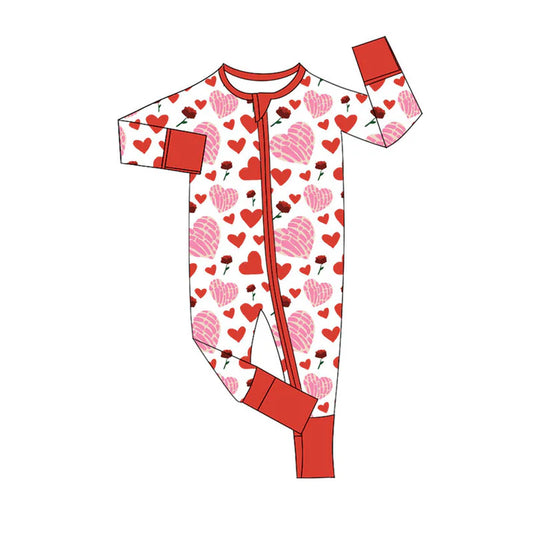 Preorder (moq 8)Baby Boys Red Flowers Hearts Valentine Zipper Footie Rompers 9.20