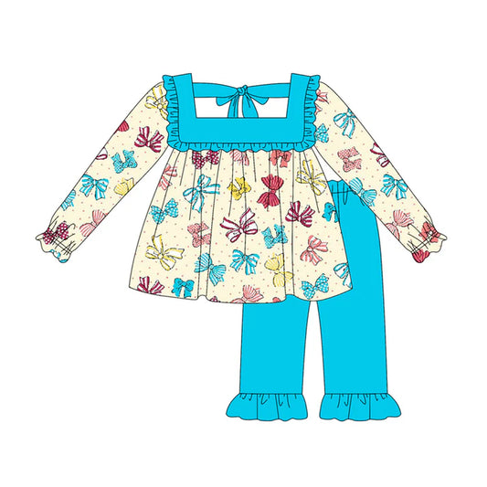 Preorder (moq 5)Baby Girls Long Sleeves Colorful Bows Tunic Blue Ruffle Pant Set 5.19