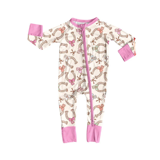 Preorder (moq 5)Baby Girls Long Sleeves Pink Bows Horse Shoes Plaid Zipper Romper 7.4