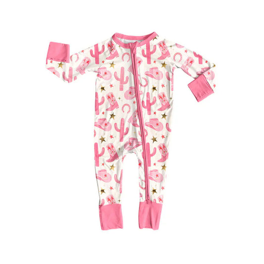 Preorder (moq 8)Baby Girls Pink Hats Boots Cactus Western Zipper Footie Rompers 9.26