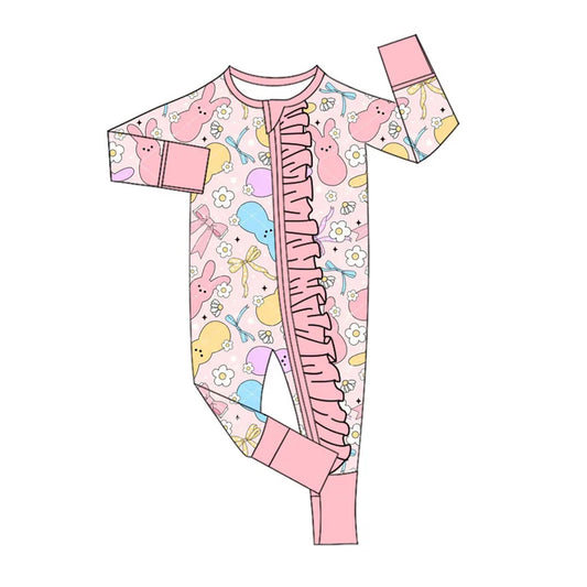 Preorder (moq 8)Baby Girls Colorful Flowers Rabbits Easter Ruffle Zipper Footie Rompers 9.16