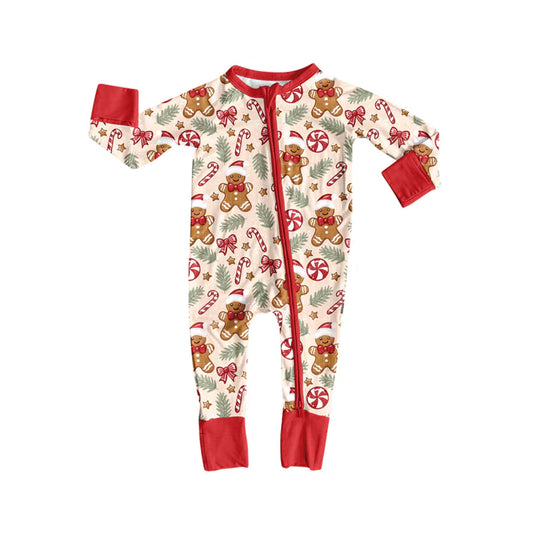 Preorder (moq 5)Baby Girls Red Long Sleeves Gingerbread Candy Cane Zipper Rompers 6.5