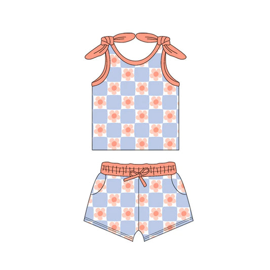 Preorder moq 5 Baby Girls Bows Sleeveless Peach Flowers Top Pockets Short Set 4.15