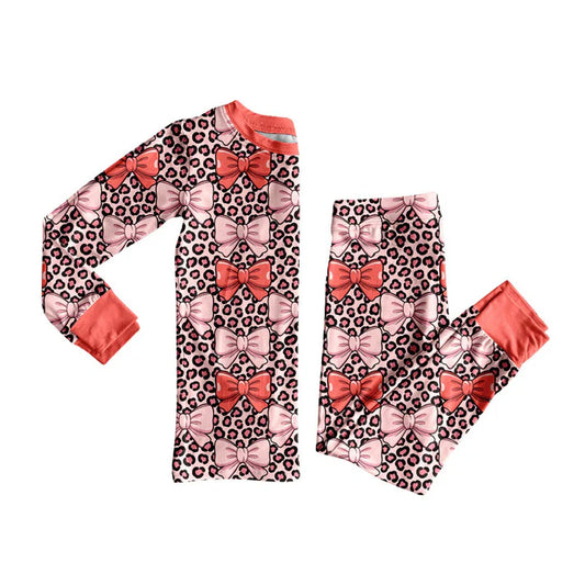 Preorder (moq 5)Baby Girls Peach Leopard Bows Top Pants Pajamas Sets 9.4