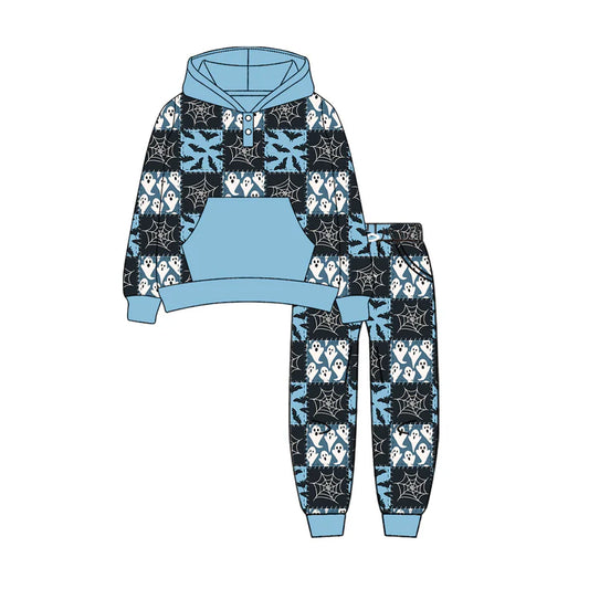 Preorder (moq 5)Baby Boys Blue Long Sleeves Ghost Bats Plaid Pocket Button Hoodies Legging Pant Sets 6.10