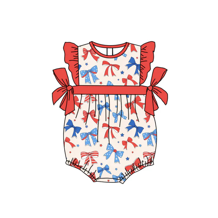 Preorder moq 5 Baby Girls Flutter Sleeves Blue Red Bows Stars 4th Of July Ruffle Rompers 4.17