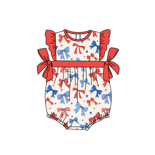 Preorder moq 5 Baby Girls Flutter Sleeves Blue Red Bows Stars 4th Of July Ruffle Rompers 4.17