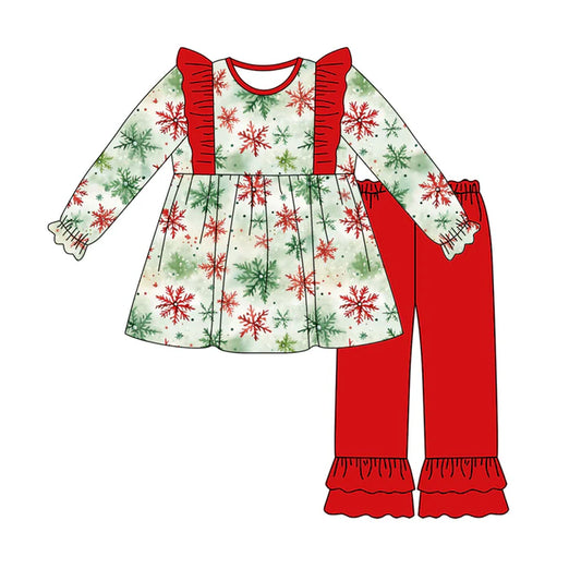 Preorder (moq 5)Baby Girls Long Sleeves Green Red Snowflake Tunic Ruffle Pants Set 7.29