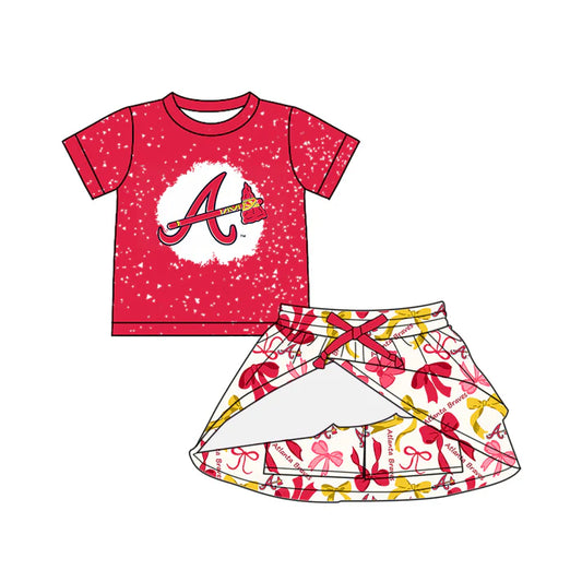 Preorder (moq 5)Baby Girls Pink Short Sleeves A Top Bows Plaid Skorts Team Set 6.14