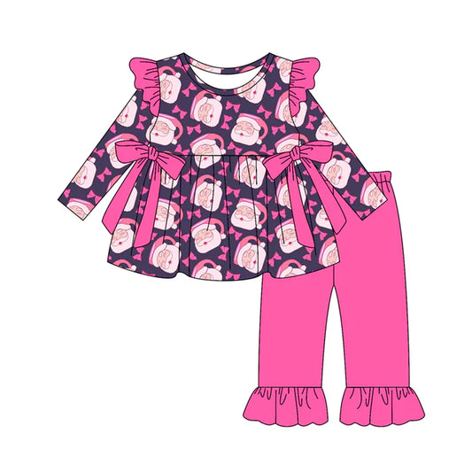 Preorder(moq 5) Baby Girls Pink Santa Bows Plaid Tunic Ruffle Pants Christmas Set 8.15