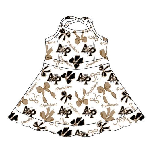 Preorder (moq 5)Baby Girls Brown Strap AP Bows Plaid Shorts Ruffle Team Knee Length Dresses 6.30