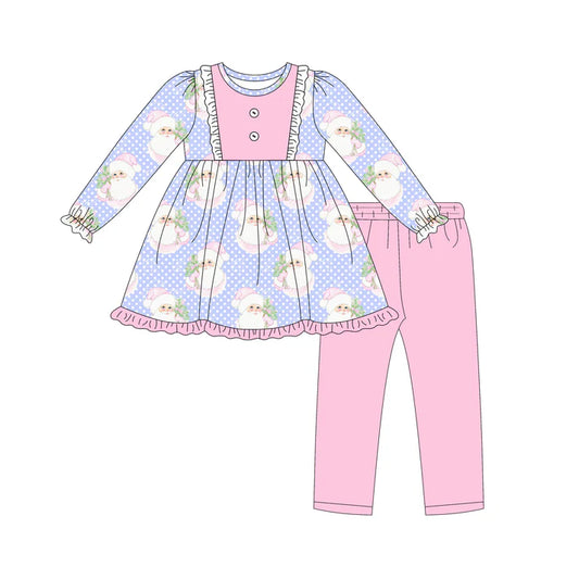 Preorder (moq 5)Baby Girls Long Ruffle Sleeves Polka Dots Santa Button Tunic Legging Pant Set 6.18