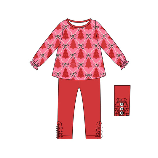 Preorder (moq 5)Baby Girls Long Ruffle Sleeves Red Bows Trees Plaid Tunic Legging Pant Sets 6.11