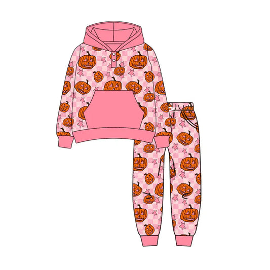 Preorder (moq 5)Baby Girls Pink Plaid Long Sleeves Star Pumpkins Button Pocket Hoodies Pant Set 6.17