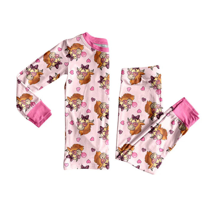 Preorder(moq 8)Baby Girls Pink Hearts Highland Cows Top Pant Valentine Pajamas Sets 9.25
