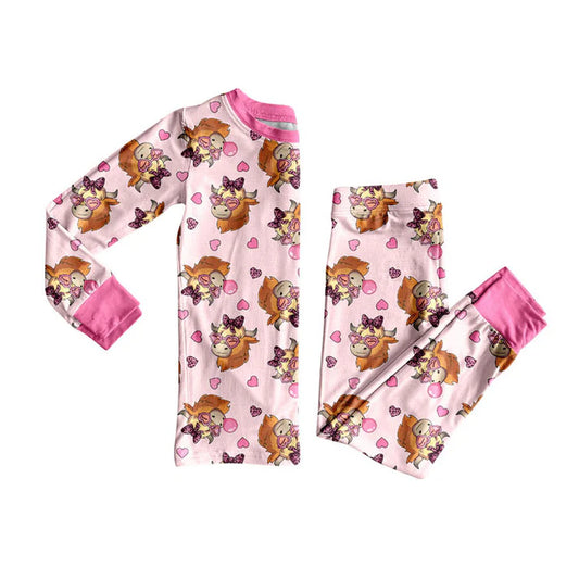 Preorder(moq 8)Baby Girls Pink Hearts Highland Cows Top Pant Valentine Pajamas Sets 9.25