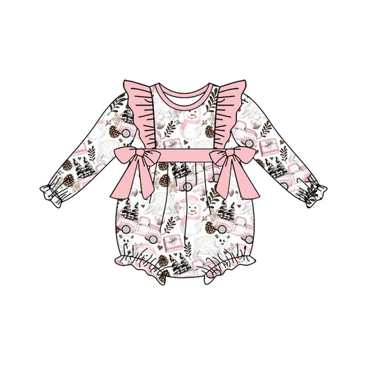 Preorder (moq 5)Baby Girls Long Sleeves Snowman Trees Trucks Bows Ruffle Romper 7.4