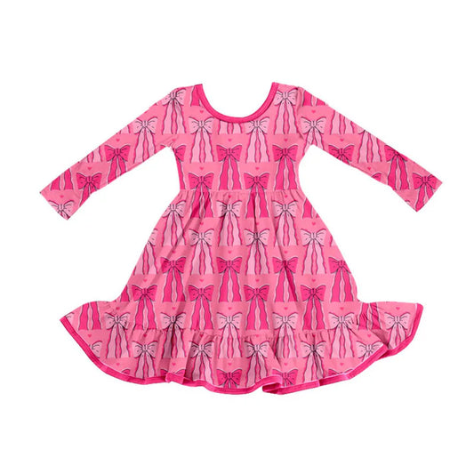 Preorder (moq 5)Baby Girls Hot Pink Bows Valentine Ruffle Knee Length Dresses 9.3