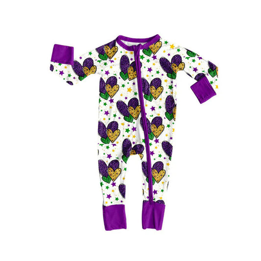 Preorder (moq 8)Baby Girls Purple Yellow Green Hearts Mardigras Zipper Footie Rompers 9.9