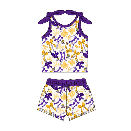 Preorder MOQ 5 pcs sleeveless tiger purple bow top shorts girls team clothes 8.23