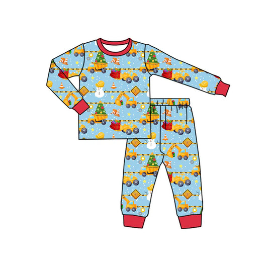 Preorder(moq 5) Baby Boys Long Sleeves Excavators Plaid Top Pants Pajamas Set 7.23