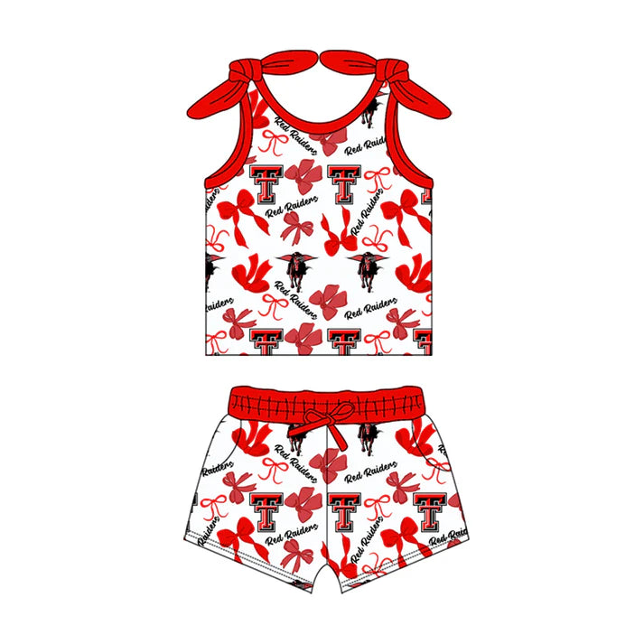Preorder MOQ 5 pcs sleeveless T red bow top shorts girls team clothes 8.26