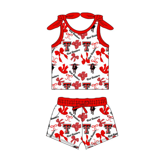 Preorder MOQ 5 pcs sleeveless T red bow top shorts girls team clothes 8.26