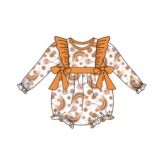 Preorder (moq 5)Baby Girls Long Sleeves Flowers Rainbows Pumpkins Bows Ruffle Romper 7.4