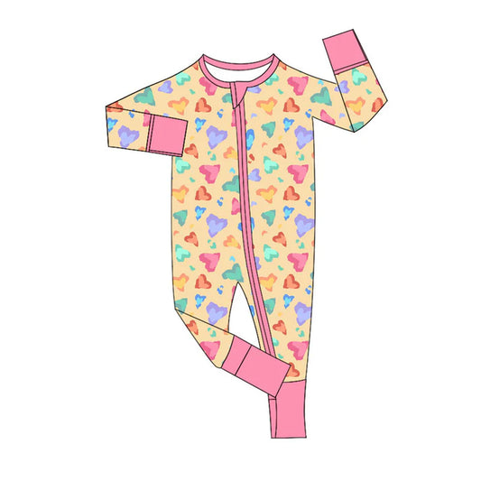 Preorder (moq 8)Baby Girls Colorful Hearts Leopard Valentine Zipper Footie Rompers 9.18