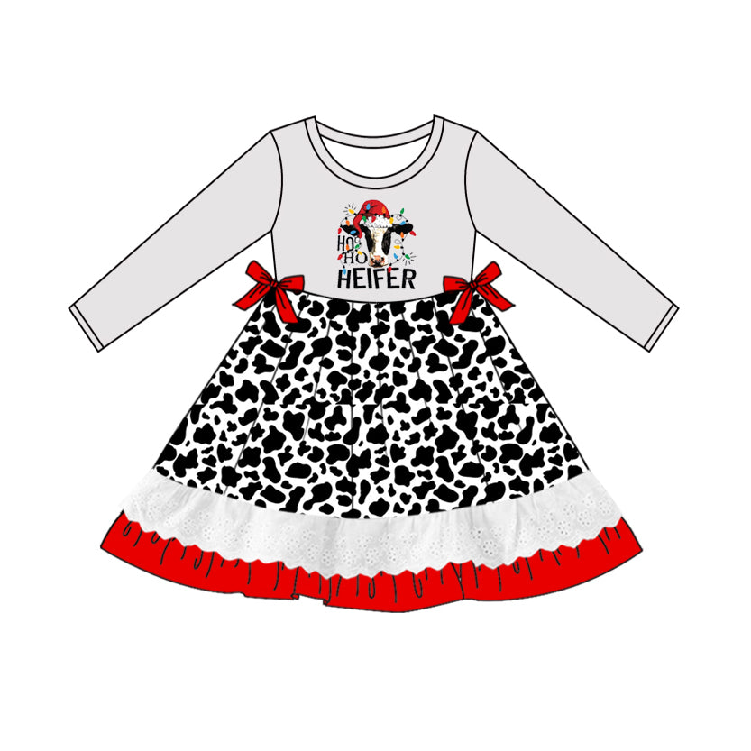 Hot Sale Christmas Baby Girls Dress Cow Long Sleeve Knee Length Dresses Preorder MOQ 5