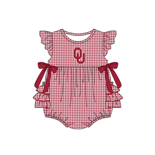 Preorder moq 5 Baby Girls Red Plaid Flutter Sleeves Bows OU Team Rompers 7.10