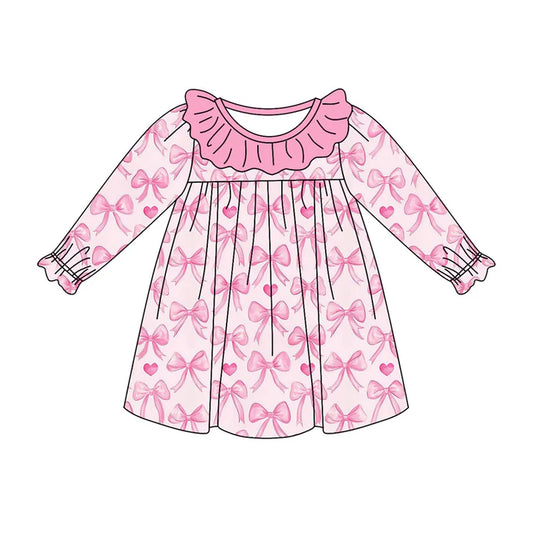 Preorder (moq 5)Baby Girls Pink Hearts Bows Ruffle Sleeve Knee Length Dresses 9.4