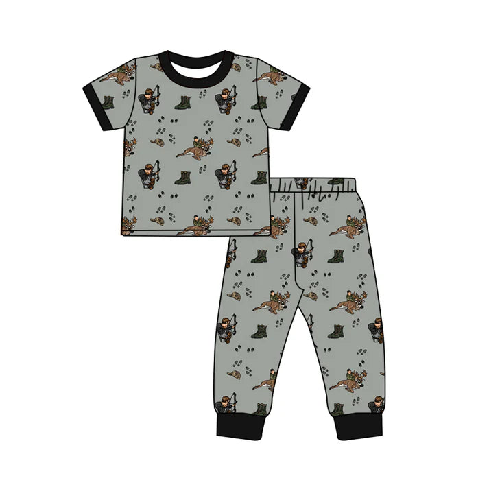 Preorder (moq 5)Baby Boys Short Sleeves Dark Gray Hunting Top Pant Pajamas Set 5.21