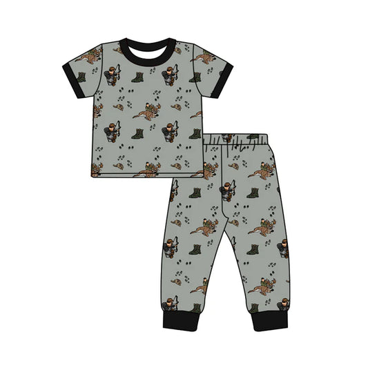 Preorder (moq 5)Baby Boys Short Sleeves Dark Gray Hunting Top Pant Pajamas Set 5.21