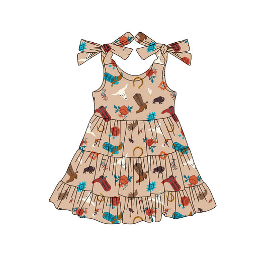 Preorder (moq 5)Baby Girls Khaki Strap Boots Bull Skull Knee Length Dresses 4.24