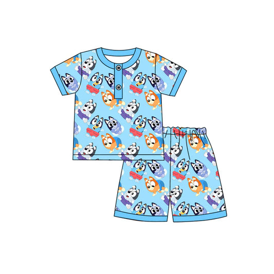Preorder moq 5 Baby Boys Blue Short Sleeves Cartoon Dogs Button Top Shorts Pajamas Set 4.14