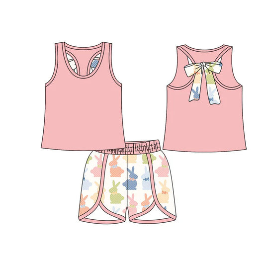 Preorder(moq 5) Baby Girls Peach Sleeveless Back Bow Top Colorful Rabbits Shorts Easter Clothes Sets 10.18