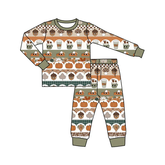 Preorder (moq 5)Baby Boys Green Long Sleeves Cakes Pumpkins Stripe Top Pant Pajamas Set 6.2