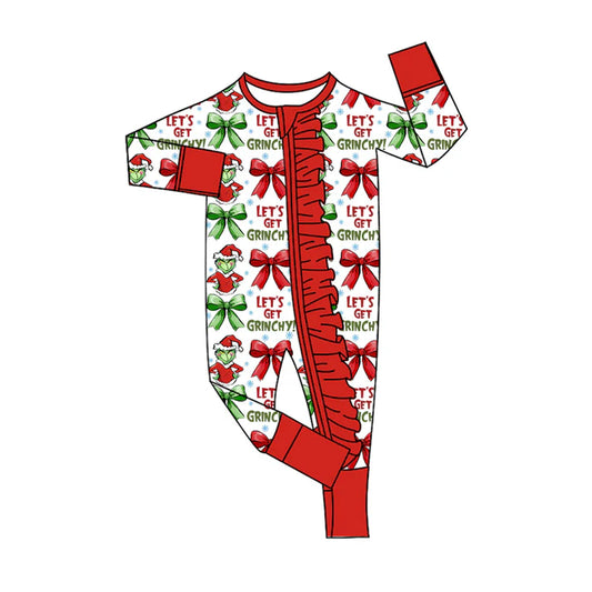 Preorder(moq 5)Baby Girls Christmas Let's Go Frog Zipper Footie Rompers 8.7