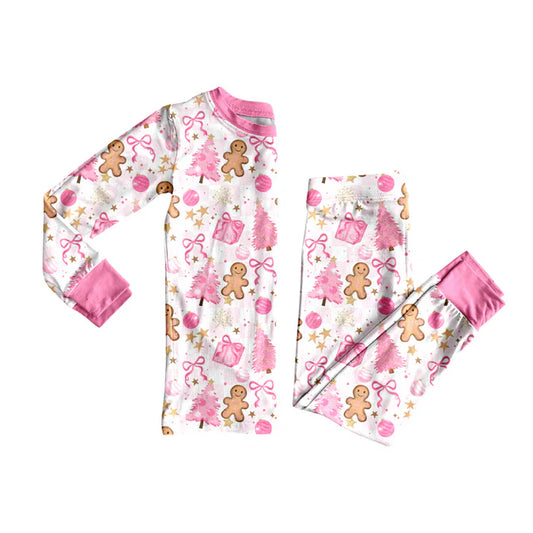 Preorder(moq 5) Baby Girls Christmas Trees Pink Gifts Gingerbread Top Pants Lounge Wear Pajamas Sets 8.14