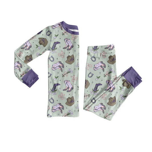 Preorder (moq 8)Baby Girls Purple Boots Hats Flowers Top Pant Pajamas Sets 9.8
