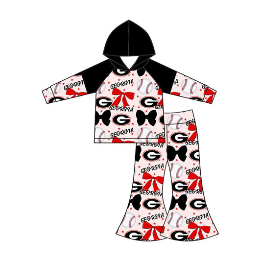 Preorder (moq 5)Baby Girls Long Sleeves Baseballs Bows Georgia Hoodie Top Bell Bottom Pant Team Set 6.16