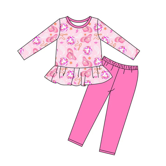 Preorder (moq 8)Baby Girls Pink Hats Stars Tunic Legging Pants Western Clothes Sets 9.11
