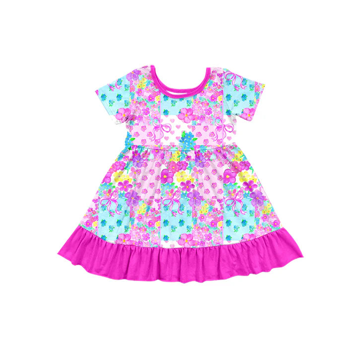 Preorder (moq 5)Baby Girls Hearts Flowers Checked Valentines Ruffle Knee Length Dresses 12.2