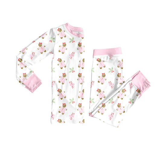 preorder(moq 5) Baby Girls Long Sleeves Pink Gingerbread Holly Top Pants Pajamas Set 7.25